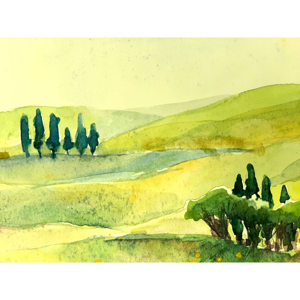 Florence. Cypresses on the hills in the distance. Fragment of a close-up hand painted artwork.
