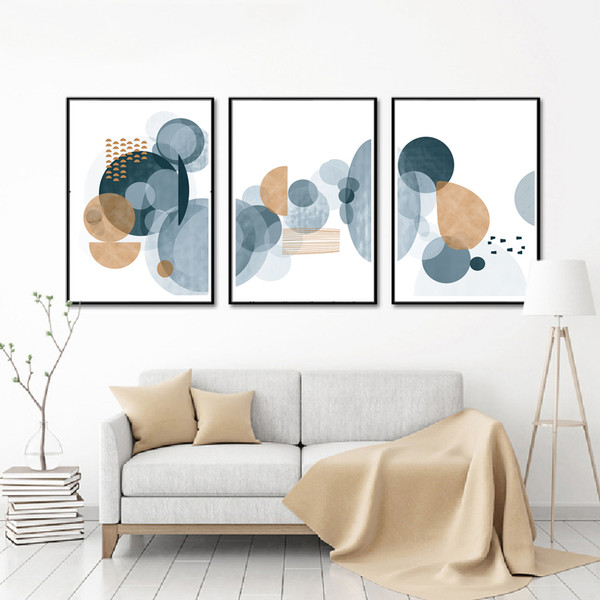 Wall Art Set Of 3 Abstract Ceometric Blue And Yellow Poster - Inspire ...