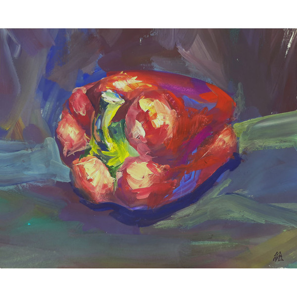 Red Bell Pepper painting art. Original Gouache painting hand painted by artist.
