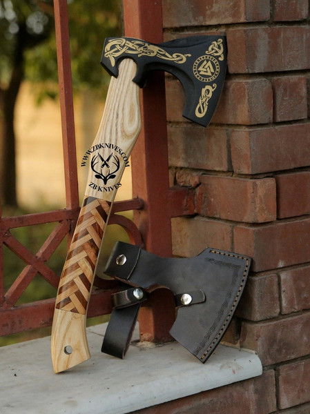 Handmade Viking axe, Viking Hatchet, Bearded axe, Norse God Odin Valknut, Forged Axe, Functional Wall decor, Decorative Wood Chopping Axe02.jpg