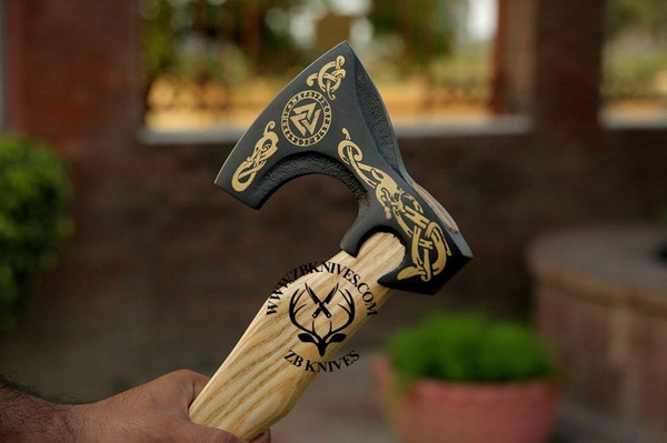 Handmade Viking axe, Viking Hatchet, Bearded axe, Norse God Odin Valknut, Forged Axe, Functional Wall decor, Decorative Wood Chopping Axe07.jpg