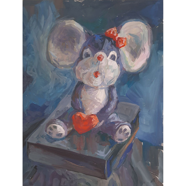 Painting Little Mouse with Heart. Original Gouache art hand painted by artist.