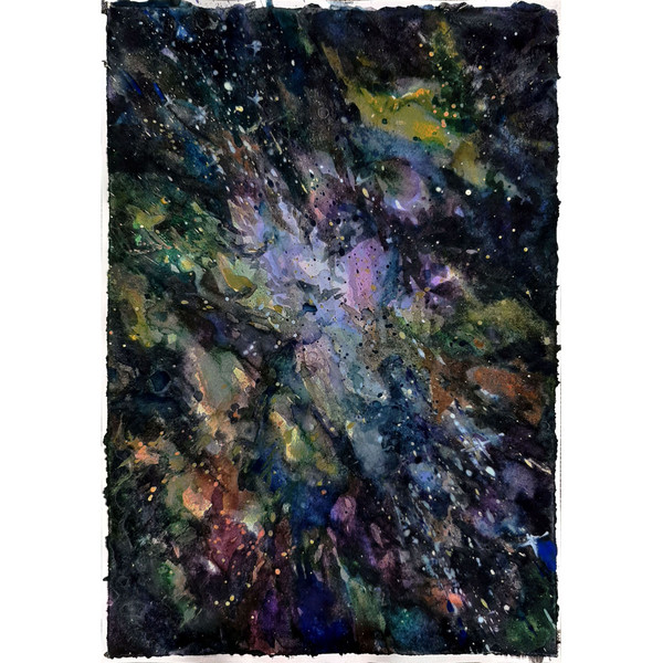 Watercolor art size 8 by 5,5 inches. Cosmic landscape on paper.