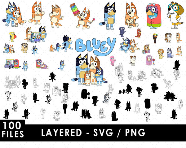 Bluey SVG, Bingo SVG, Bandit (Dad) SVG, Chilli (Mom) SVG, Bluey cartoon characters SVG, Australian animated series SVG, Kids' room decor SVG, SVG for Cricut, DI