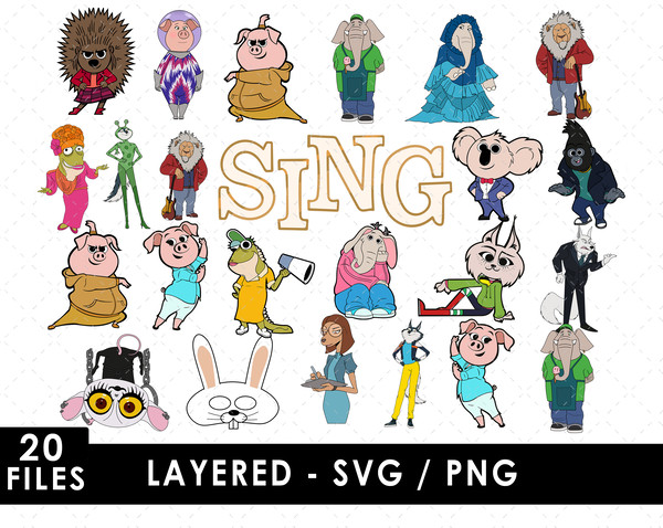 Sing SVG, Buster Moon SVG, Rosita SVG, Johnny SVG, Ash SVG, Meena SVG, Sing characters SVG, Cartoon animals SVG, Illumination Entertainment SVG, Sing movie logo