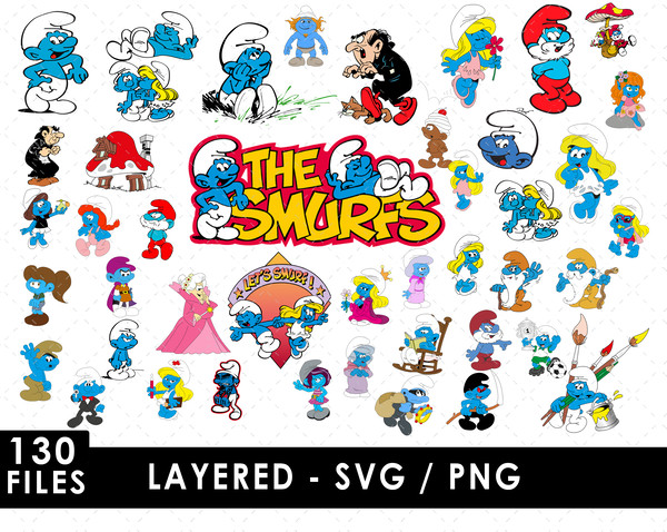 Smurfs SVG, Papa Smurf SVG, Smurfette SVG, Brainy Smurf SVG, Grouchy Smurf SVG, Clumsy Smurf SVG, Smurf village SVG, Cartoon Smurfs SVG, Blue characters SVG, Sm