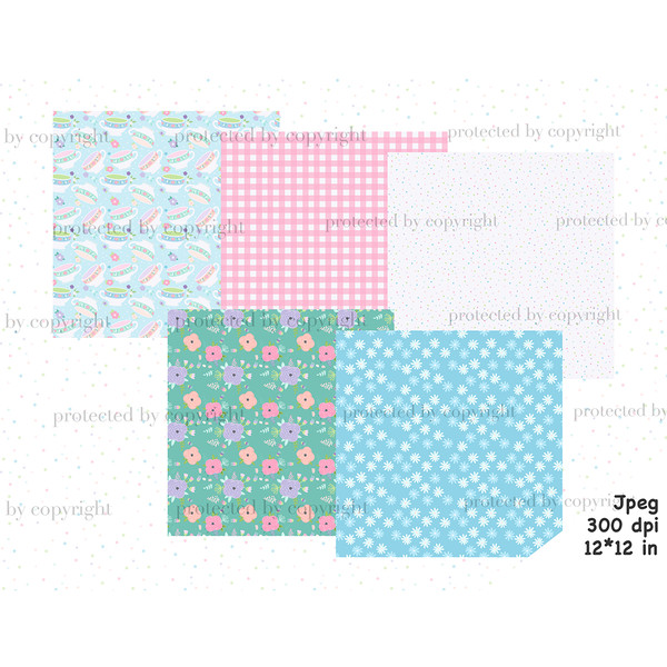 Pastel spring bundles of digital papers. Books and tea patterns. Tea cups seamless pattern. Pink checkered digital background. Multicolored dots on a white back