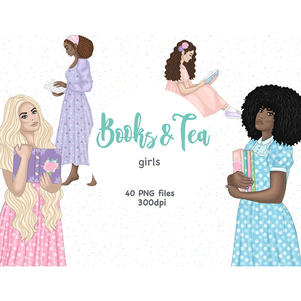 Set of pastel spring clipart with girls with books in their hands in summer dresses. Bookworm clipart. African American girls lovers of books in summer dresses.