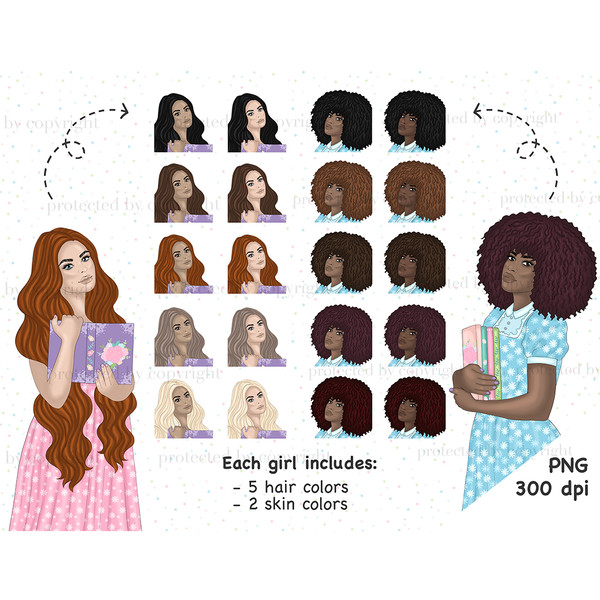 Pastel spring clipart set. A girl with red hair in a pink dress with a print of white flowers holds a purple book with a flower on the cover. African American g