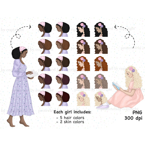 A blonde woman with flowers in her hair in a pink dress with a print of white dots holds a blue book in her hands. An African American girl with an afro hairsty