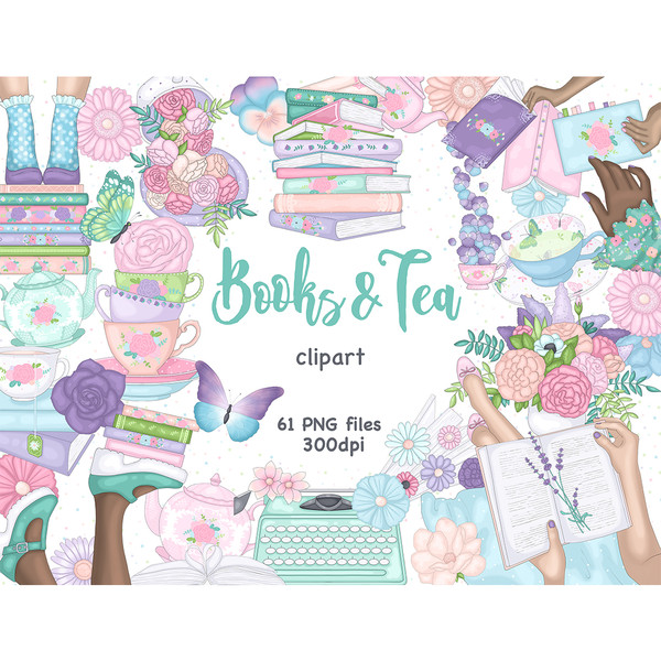 Set of bright pastel spring and summer clipart elements. Pink roses. Tea-set. Turquoise retro typewriter. Stack of pink, purple, green books. Tea party. Tea lov