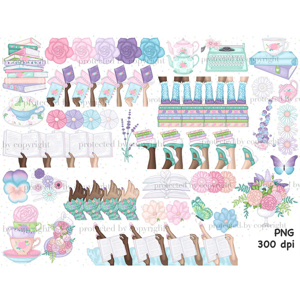 Set of bright pastel spring and summer clipart elements. Pink, purple and and blue rose buds. Books in female hands. Spring cups for tea with painted saucers. O