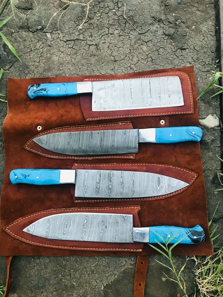 Damascus Kitchen Set, BBQ Knife Set, Handcrafted Knife