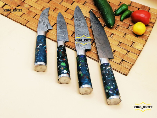 4 Pcs Custom Handmade Damascus Steel Chef Knife Set Kitchen
