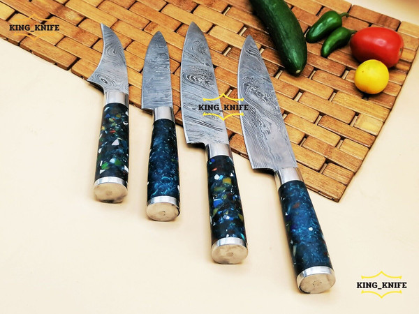 Hand forged Damascus steel blue handles chefs knives set