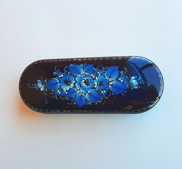 blue floral russian glasses case hard folk art