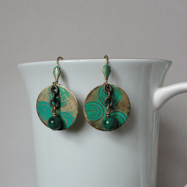 Boho Vintage solid and natural brass Chrysocolla Textured patinated earrings with chain