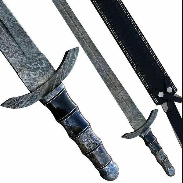 Damascus Steel Sword, Custom-made Damascus Hunting Sword, Machete Knife With Sheath.png