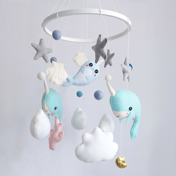 Whale Baby Mobile Nursery, Ocean Nautical Hanging Mobile, Stars