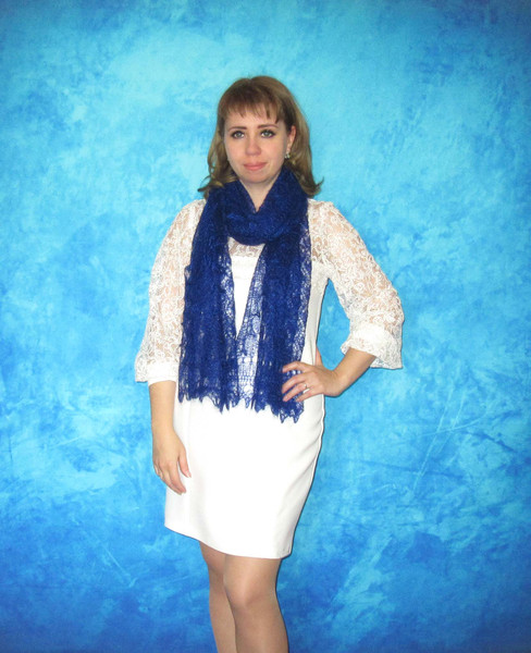 Dark navy blue embroidered scarf, Russian Orenburg shawl, Hand knit wool wrap, Warm bridal cape, Goat down cover up, Handmade stole, Kerchief.JPG