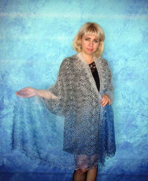 Hand knit blue scarf, Handmade Russian Orenburg shawl, Warm cover up, Goat wool wrap, Lace pashmina, Downy kerchief, Stole, Tippet, Cape 2.JPG