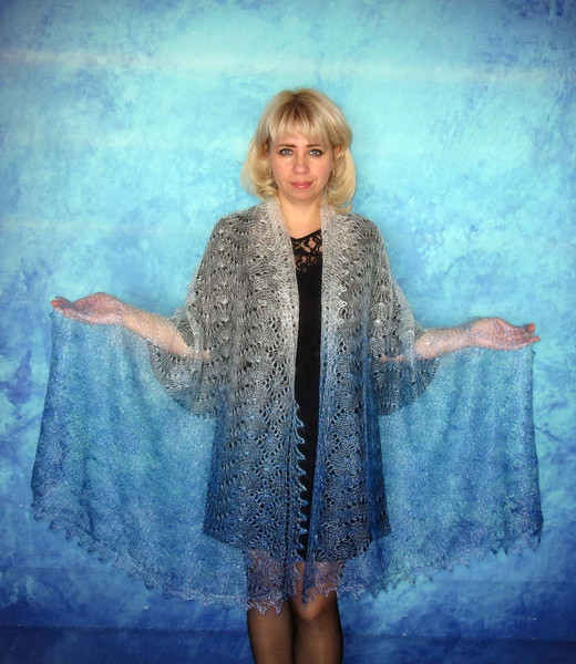 Hand knit blue scarf, Handmade Russian Orenburg shawl, Warm cover up, Goat wool wrap, Lace pashmina, Downy kerchief, Stole, Tippet, Cape.JPG