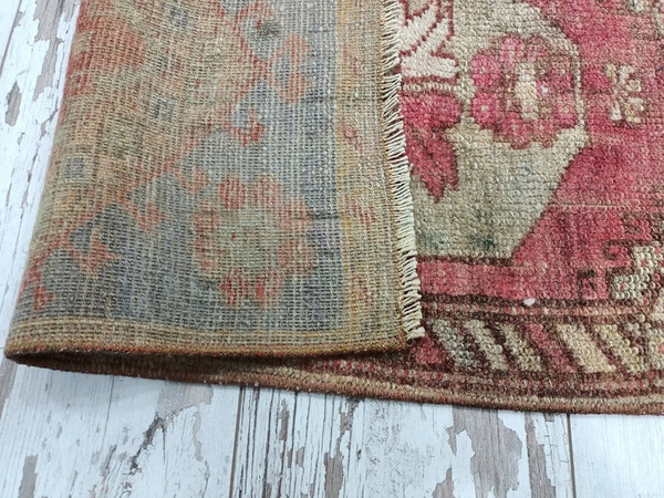 antique rug, mini oushak, narrow rug, rug with pink, vintage rug, framed rug, floor rug, turkish oushak rug, runner mat10.jpg