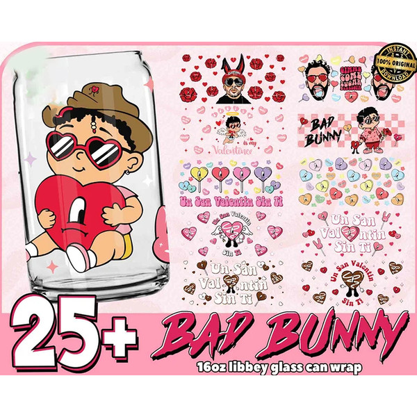 25 Valentine Bad Bunny Glass Can Wrap Png Bundle, Happy Valentine 16oz Libbey Glass Wrap Png, Trendy Valentine Png, Instant Download.jpg