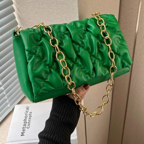 Green Quilted Pattern Ruched Square Bag Chain Drawstring Cro - Inspire  Uplift