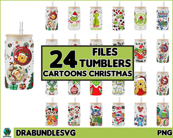 24 Cartoons Christmas 16oz Libbey Can Glass Wrap, Glass Can Wrap, Stitch Christmas, Grinch Png, Full Tumbler Wrap, Christmas Png Instant Download.jpg