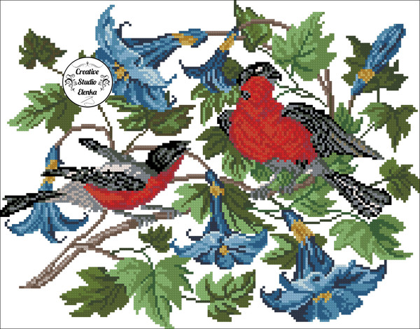 Vintage Cross Stitch Scheme Birds in flowers 