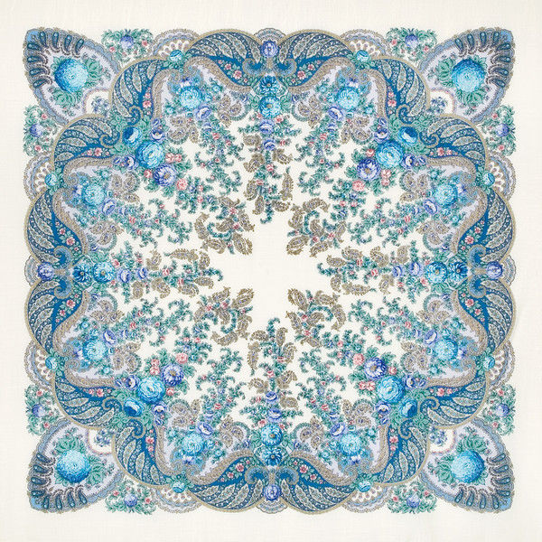 blue flowers pavlovo posad shawl merino wool wrap 1428-4