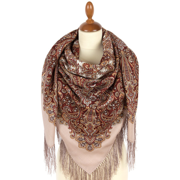brown original pavlovo posad shawl wool wrap size 125x125 cm