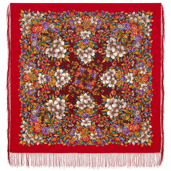 Red flowers pavlovo posad wool merino shawl women scarf 1987-5