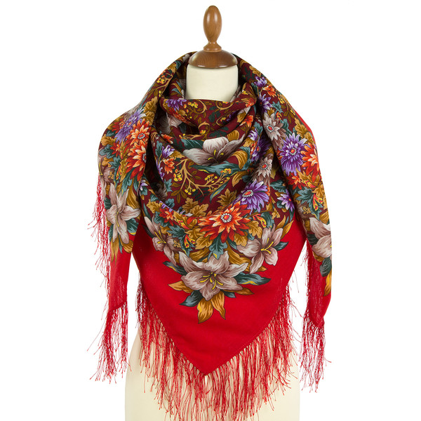 red original women pavlovo posad shawl scarf size 125x125 cm 1987-5