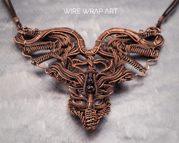 dragon choker necklace wire wrapped garnet agate copper wire handmade wire wrap art wirewrapart weaving wovenwirework jewelry jewellery unique antique collar (1