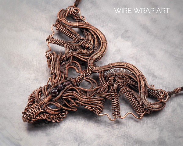 dragon choker necklace wire wrapped garnet agate copper wire handmade wire wrap art wirewrapart weaving wovenwirework jewelry jewellery unique antique collar (6