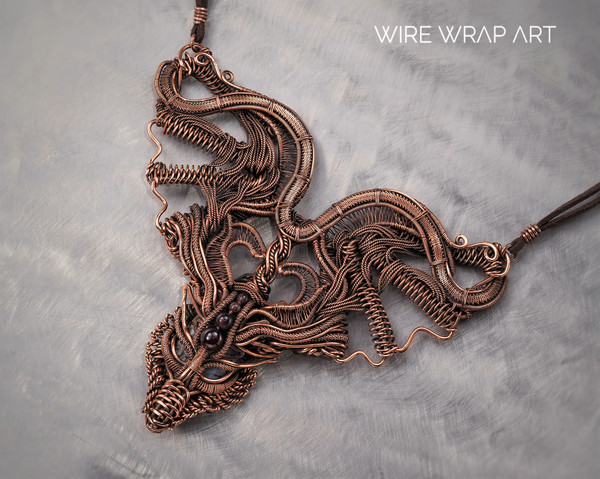 dragon choker necklace wire wrapped garnet agate copper wire handmade wire wrap art wirewrapart weaving wovenwirework jewelry jewellery unique antique collar (7