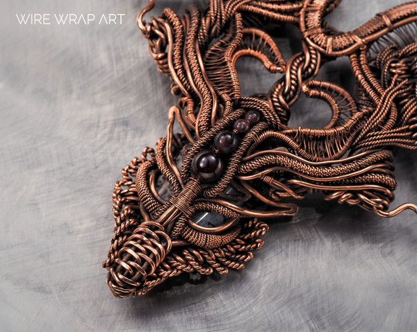dragon choker necklace wire wrapped garnet agate copper wire handmade wire wrap art wirewrapart weaving wovenwirework jewelry jewellery unique antique collar (9