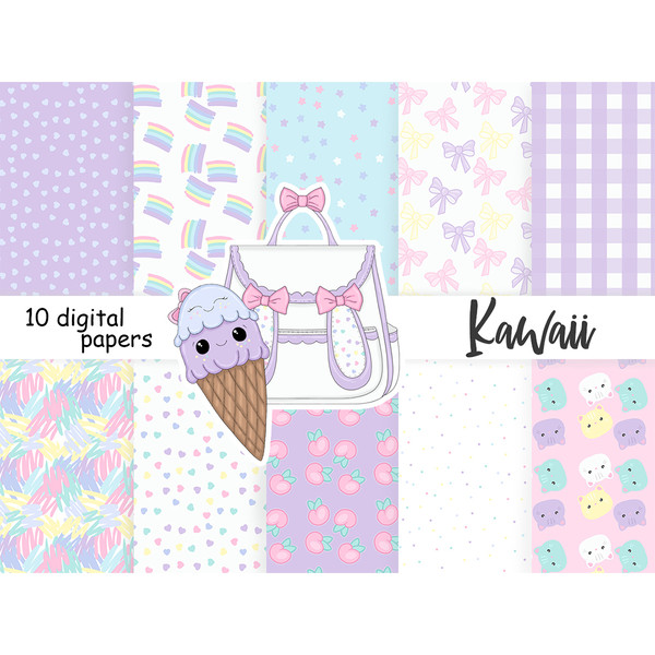 Kawaii Bright pastel bundles of digital papers. Rainbow patterns. Checkered purple seamless pattern. Multicolored bows digital backgrounds. Cute stars on a blue