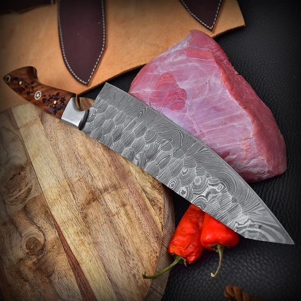 5 Pc Damascus Custom Handmade Bbq/kitchen/chef Knives Block Set With Purple  Pakawood Handle With Leather Roll Kit Beautiful Gift for Him/her 