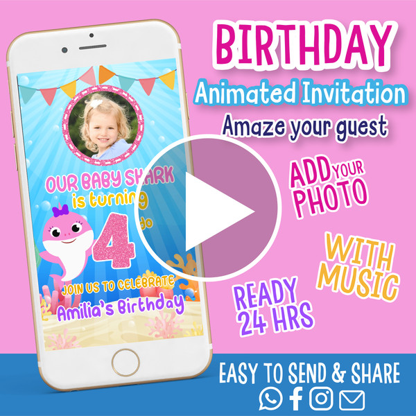 Baby Shark party invitation For Girl, Video invitation - Inspire