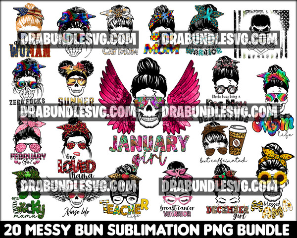20 Messy Bun Sublimation Design Bundle, Messy Bun Bundle, Messy Bun Sublimation Designs, Messy Bun Designs, Instant download .jpg
