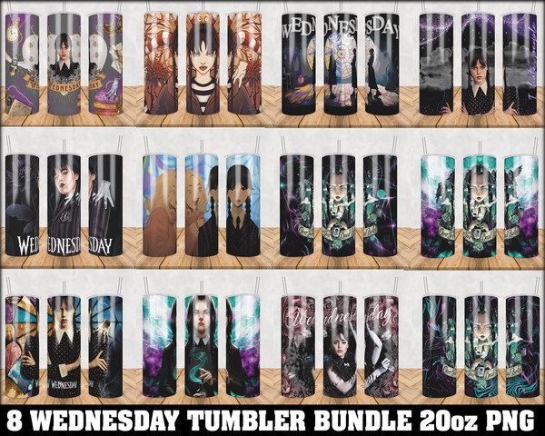 8 Wednesday Tumbler PNG, 20oz Skinny Tumbler, Full Tumbler Wrap, Addams Sublimation ,Can Glass Wrap, Horror Tumbler, PNG Instant Download.jpg