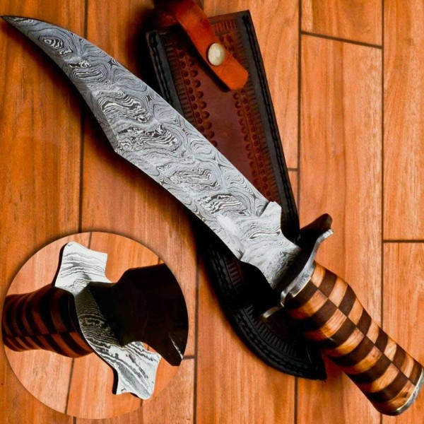 CUSTOM HANDMADE DAMASCUS HUNTING BOWIE KNIFE WOOD HANDLE & LEATHER SHEATH.jpg