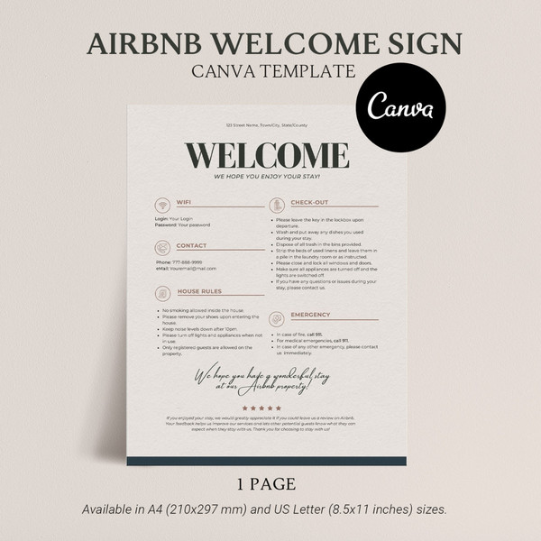 One-Page Welcome Sign for Airbnb or VRBO Hosts House Rules, Wi-Fi, Check-Out Info, Vacation Rental Decor, Editable (2).jpg