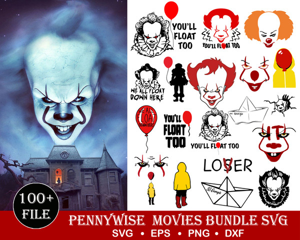 100 IT pennywise Clown Svg Bundle, IT Pennywise Clown Svg, Clown Svg, Horror, Scary, Movie,Clipart, Halloween Svg, You'll Float Too, Red Balloon Digital Instant