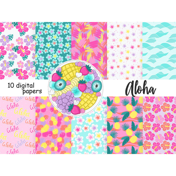 Seamless digital papers of tropical flowers, summer sea waves, bright and juicy tropical fruits, pineapples. Tileable patterns of bright hibiscus buds
