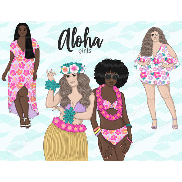 Hawaiian girls in colorful summer dresses and swimsuits with flowers in their hair, tropical women in hula skirts