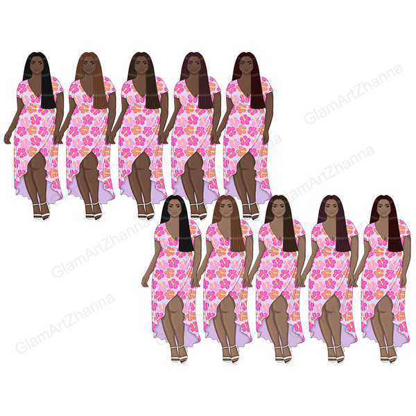 African American long haired girls in white sandals and pink Hawaiian print dresses